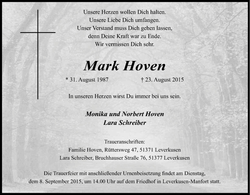  Traueranzeige für Mark Hoven vom 02.09.2015 aus Kölner Stadt-Anzeiger / Kölnische Rundschau / Express