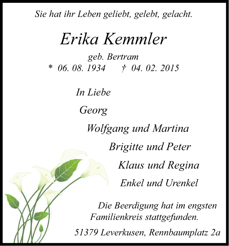  Traueranzeige für Erika Kemmler vom 18.02.2015 aus Kölner Stadt-Anzeiger / Kölnische Rundschau / Express