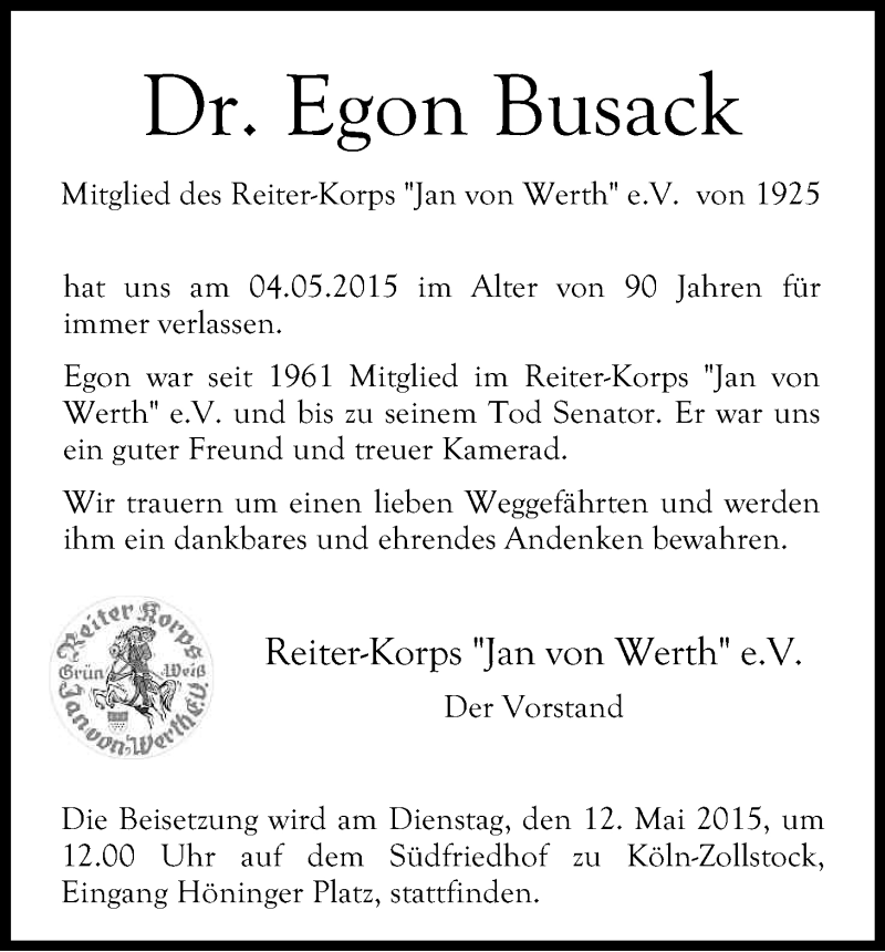  Traueranzeige für Egon Busack vom 09.05.2015 aus Kölner Stadt-Anzeiger / Kölnische Rundschau / Express
