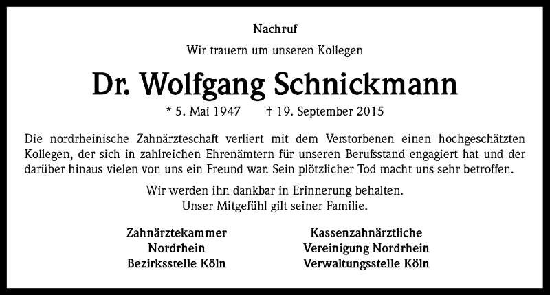  Traueranzeige für Wolfgang Schnickmann vom 26.09.2015 aus Kölner Stadt-Anzeiger / Kölnische Rundschau / Express