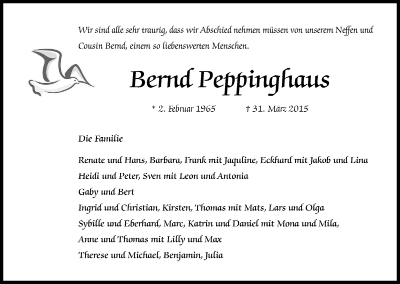  Traueranzeige für Bernd Peppinghaus vom 04.04.2015 aus Kölner Stadt-Anzeiger / Kölnische Rundschau / Express