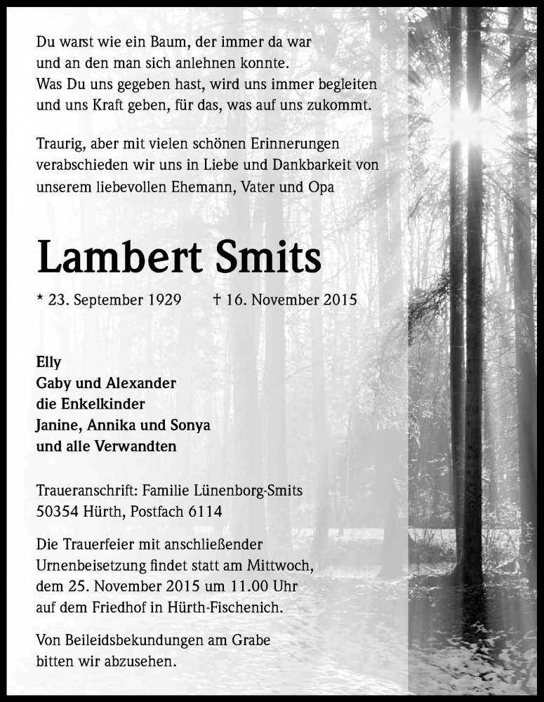  Traueranzeige für Lambert Smits vom 21.11.2015 aus Kölner Stadt-Anzeiger / Kölnische Rundschau / Express