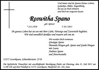 Anzeige von Roswitha Spano von Kölner Stadt-Anzeiger / Kölnische Rundschau / Express