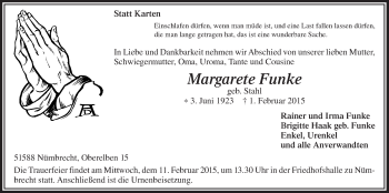 Anzeige von Margarete Funke von  Lokalanzeiger 