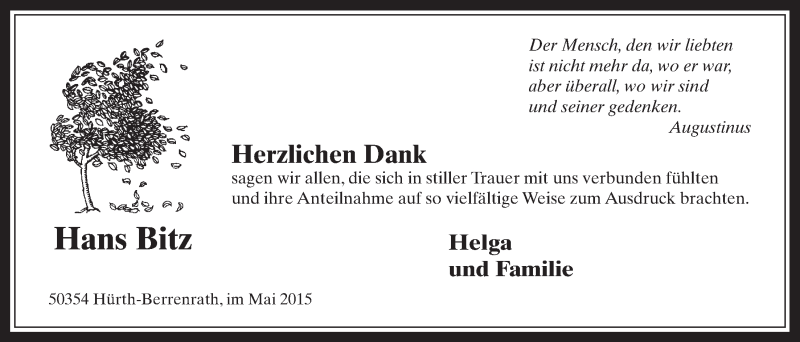  Traueranzeige für Hans Bitz vom 27.05.2015 aus  Wochenende 