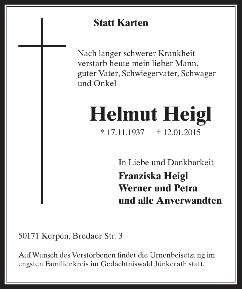  Traueranzeige für Helmut Heigl vom 21.01.2015 aus  Werbepost 