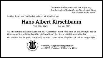 Anzeige von Hans-Albert Kirschbaum von Kölner Stadt-Anzeiger / Kölnische Rundschau / Express