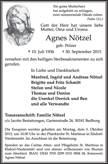 Anzeige von Agnes Nötzel von  Sonntags-Post 