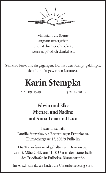Anzeige von Karin Stempka von  Sonntags-Post 