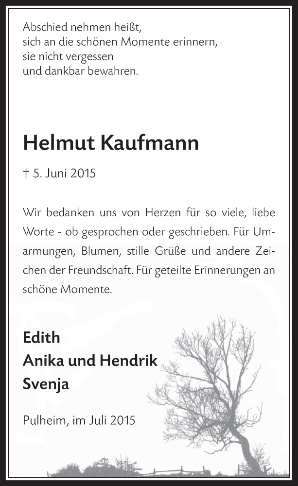  Traueranzeige für Helmut Kaufmann vom 04.07.2015 aus  Sonntags-Post 