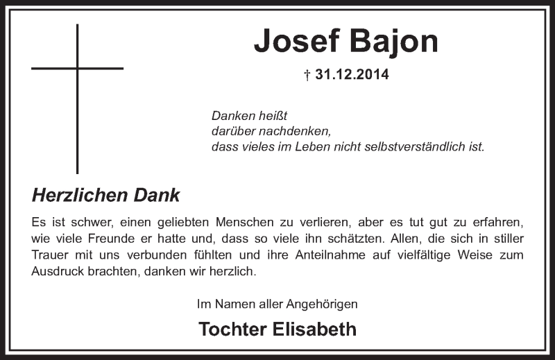  Traueranzeige für Josef Bajon vom 11.02.2015 aus  Schlossbote/Werbekurier 