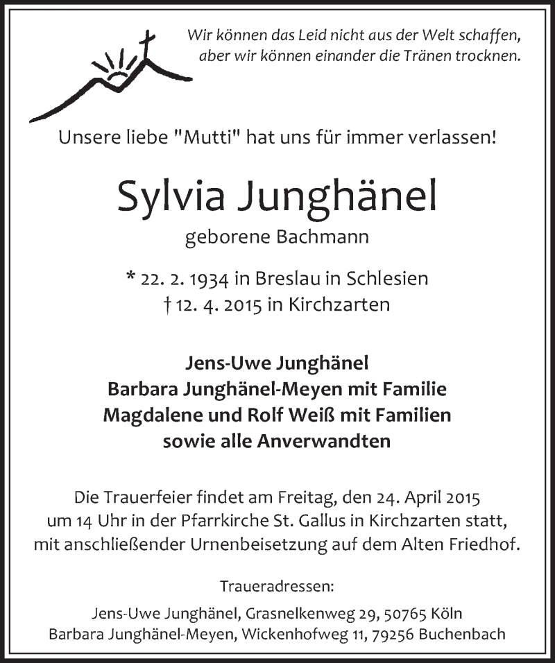  Traueranzeige für Sylvia Junghänel vom 22.04.2015 aus  Werbepost 