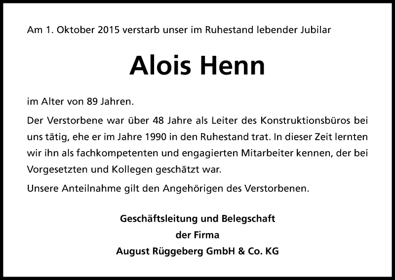  Traueranzeige für Alois Henn vom 14.10.2015 aus Kölner Stadt-Anzeiger / Kölnische Rundschau / Express