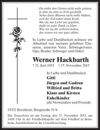Anzeige von Werner Hackbarth von  Schaufenster/Blickpunkt 