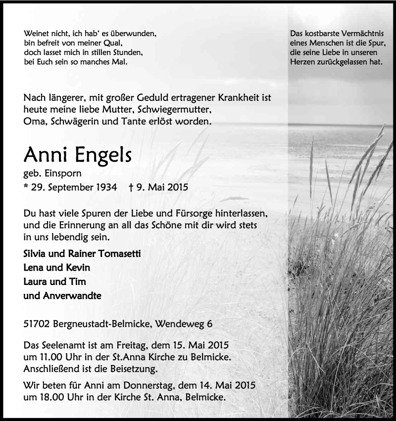  Traueranzeige für Anni Engels vom 12.05.2015 aus Kölner Stadt-Anzeiger / Kölnische Rundschau / Express
