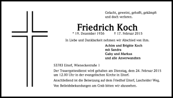 Anzeige von Friedrich Koch von Kölner Stadt-Anzeiger / Kölnische Rundschau / Express