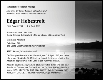 Anzeige von Edgar Hebestreit von Kölner Stadt-Anzeiger / Kölnische Rundschau / Express