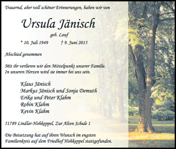 Anzeige von Ursula Jänisch von Kölner Stadt-Anzeiger / Kölnische Rundschau / Express