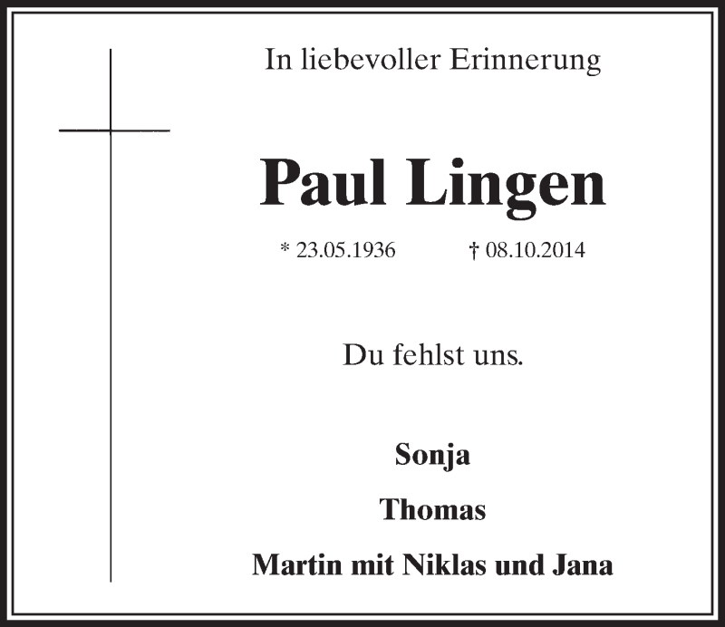  Traueranzeige für Paul Lingen vom 07.10.2015 aus  Schlossbote/Werbekurier 