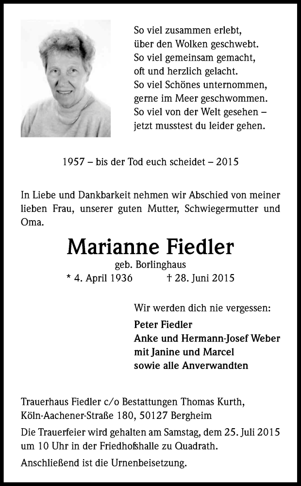  Traueranzeige für Marianne Fiedler vom 18.07.2015 aus Kölner Stadt-Anzeiger / Kölnische Rundschau / Express