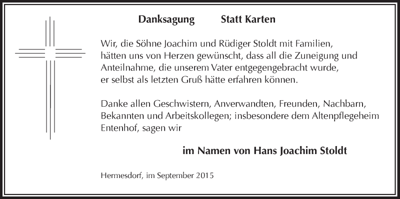  Traueranzeige für Hans Joachim Stoldt vom 16.09.2015 aus  Lokalanzeiger 