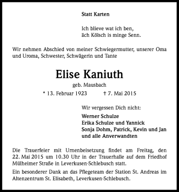 Anzeige von Elise Kaniuth von Kölner Stadt-Anzeiger / Kölnische Rundschau / Express