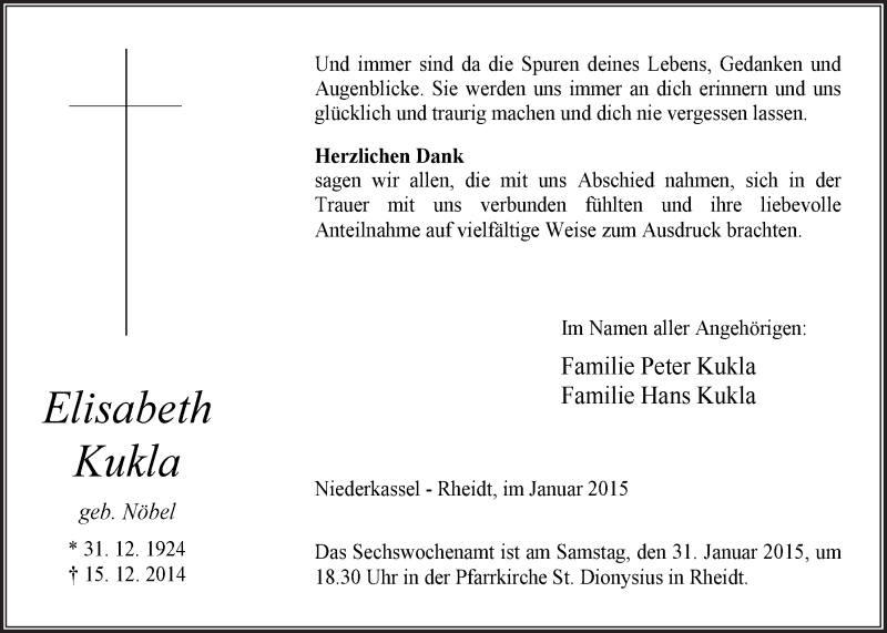  Traueranzeige für Elisabeth Kukla vom 28.01.2015 aus  Extra Blatt 