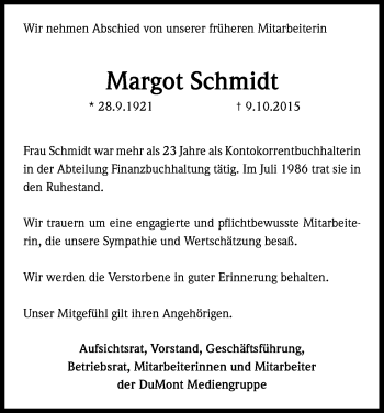 Anzeige von Margot Schmidt von Kölner Stadt-Anzeiger / Kölnische Rundschau / Express