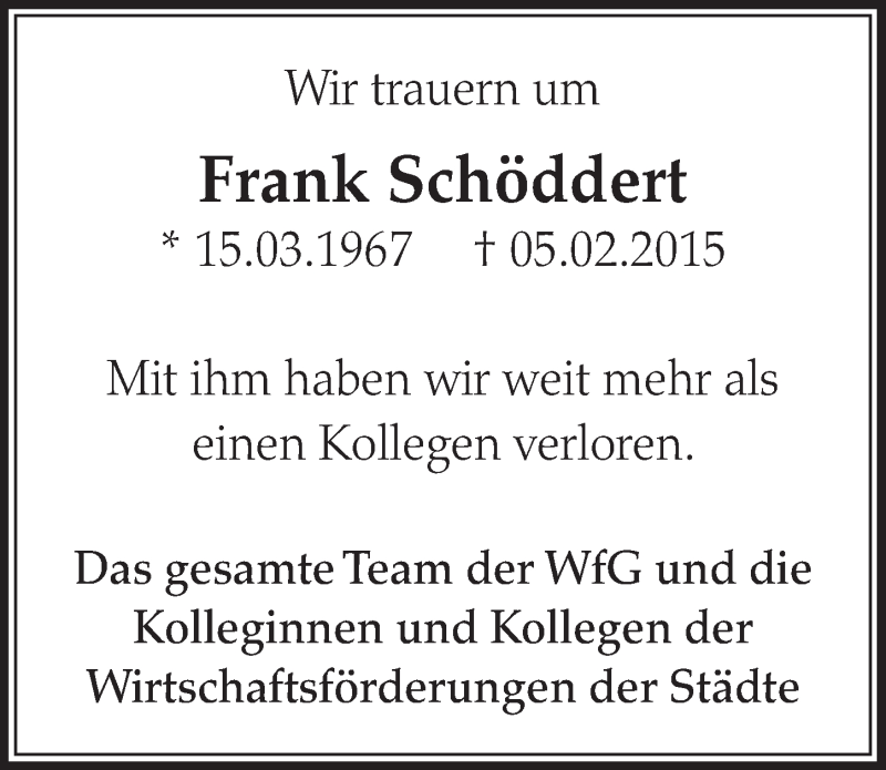  Traueranzeige für Frank Schöddert vom 14.02.2015 aus  Sonntags-Post 