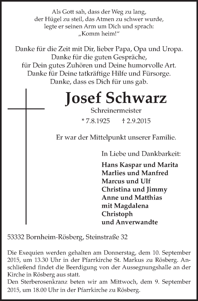  Traueranzeige für Josef Schwarz vom 09.09.2015 aus  Schaufenster/Blickpunkt 