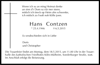 Anzeige von Hans Contzen von Kölner Stadt-Anzeiger / Kölnische Rundschau / Express
