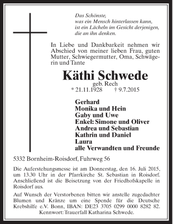 Anzeige von Käthi Schwede von  Schaufenster/Blickpunkt 