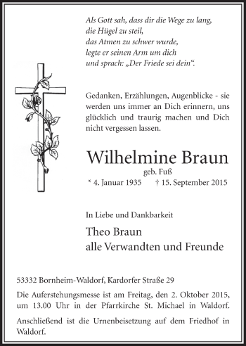 Anzeige von Wilhelmine Braun von  Schlossbote/Werbekurier 