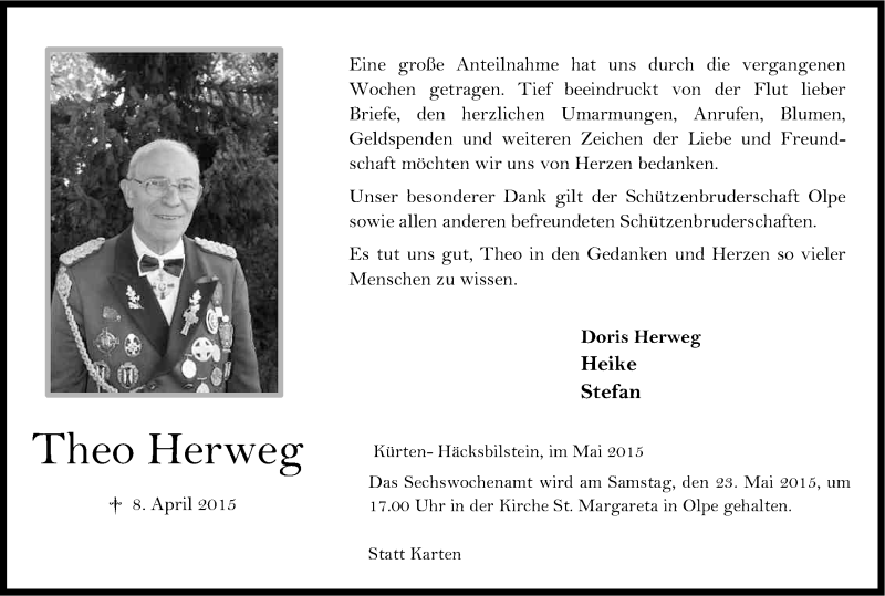  Traueranzeige für Theo Herweg vom 16.05.2015 aus Kölner Stadt-Anzeiger / Kölnische Rundschau / Express