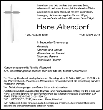 Anzeige von Hans Altendorf von Kölner Stadt-Anzeiger / Kölnische Rundschau / Express