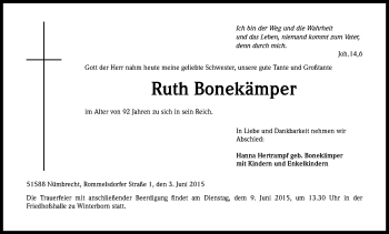 Anzeige von Ruth Bonekämper von Kölner Stadt-Anzeiger / Kölnische Rundschau / Express