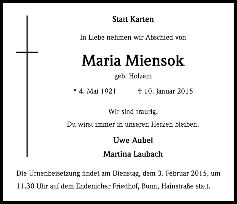  Traueranzeige für Maria Miensok vom 24.01.2015 aus Kölner Stadt-Anzeiger / Kölnische Rundschau / Express