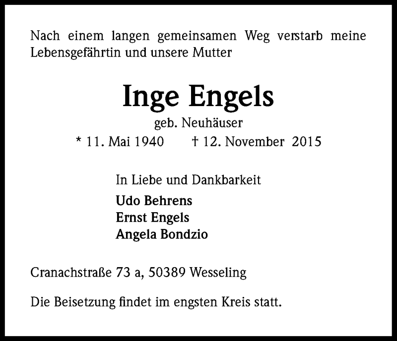  Traueranzeige für Inge Engels vom 21.11.2015 aus Kölner Stadt-Anzeiger / Kölnische Rundschau / Express