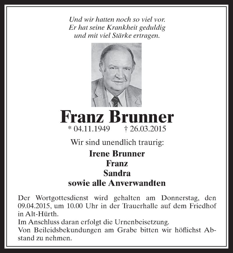  Traueranzeige für Franz Brunner vom 01.04.2015 aus  Wochenende 