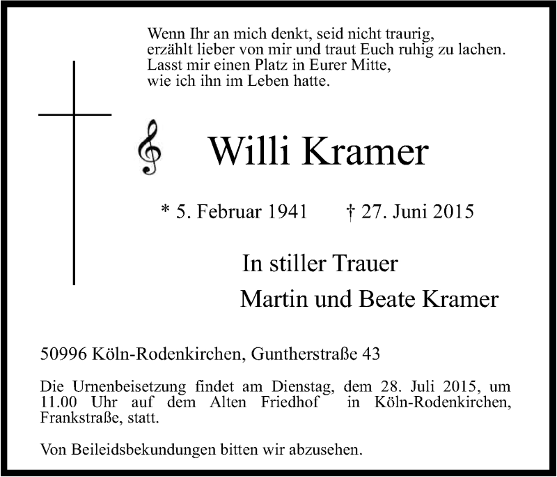  Traueranzeige für Willi Kramer vom 18.07.2015 aus Kölner Stadt-Anzeiger / Kölnische Rundschau / Express