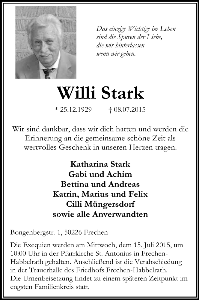  Traueranzeige für Willi Stark vom 13.07.2015 aus Kölner Stadt-Anzeiger / Kölnische Rundschau / Express