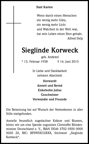 Anzeige von Sieglinde Korweck von Kölner Stadt-Anzeiger / Kölnische Rundschau / Express