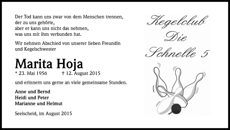  Traueranzeige für Marita Hoja vom 18.08.2015 aus Kölner Stadt-Anzeiger / Kölnische Rundschau / Express