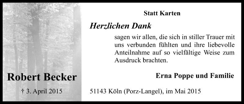  Traueranzeige für Robert Becker vom 06.05.2015 aus  Kölner Wochenspiegel 