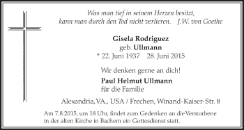 Anzeige von Gisela Rodriguez von  Sonntags-Post 