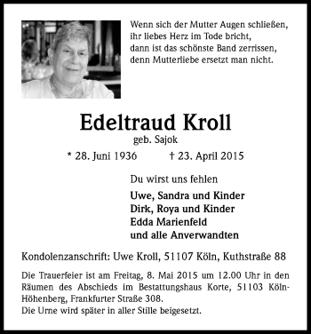 Anzeige von Edeltraud Kroll von Kölner Stadt-Anzeiger / Kölnische Rundschau / Express