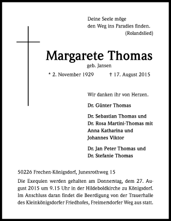 Anzeige von Margarete Thomas von Kölner Stadt-Anzeiger / Kölnische Rundschau / Express