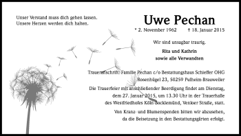 Anzeige von Uwe Pechan von Kölner Stadt-Anzeiger / Kölnische Rundschau / Express