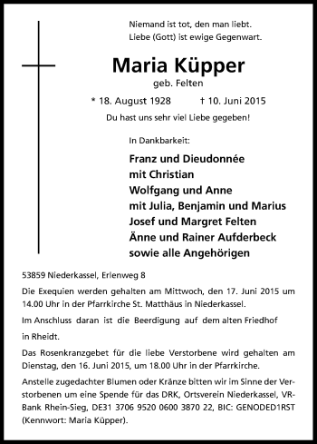 Anzeige von Maria Küpper von Kölner Stadt-Anzeiger / Kölnische Rundschau / Express