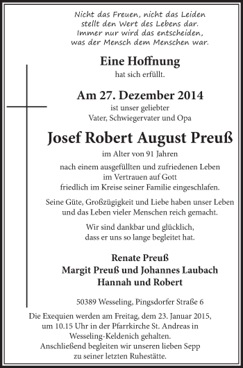 Anzeige von Josef Robert August Preuß von  Schlossbote/Werbekurier 